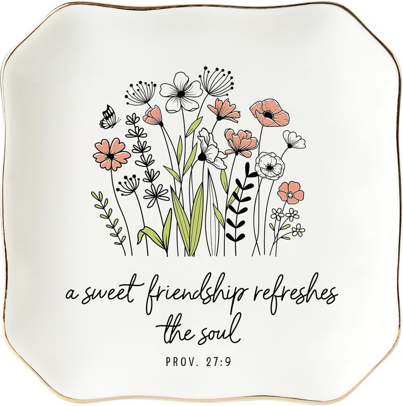 HEXMOZ Friend Gifts for Women, Best Friends, Soul Sister - Friendship Gifts - Christian, Birthday, Valentine's Gift Ideas - A Sweet Friendship Refreshes The Soul 4.5"X4.5" Ceramic Jewelry Dish Tray - Image 1